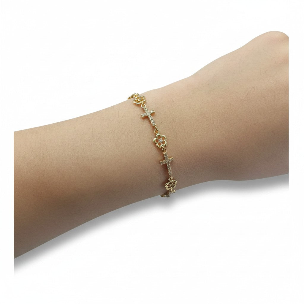 Pulsera Flores y Cruces con Zirconias de Oro 10K